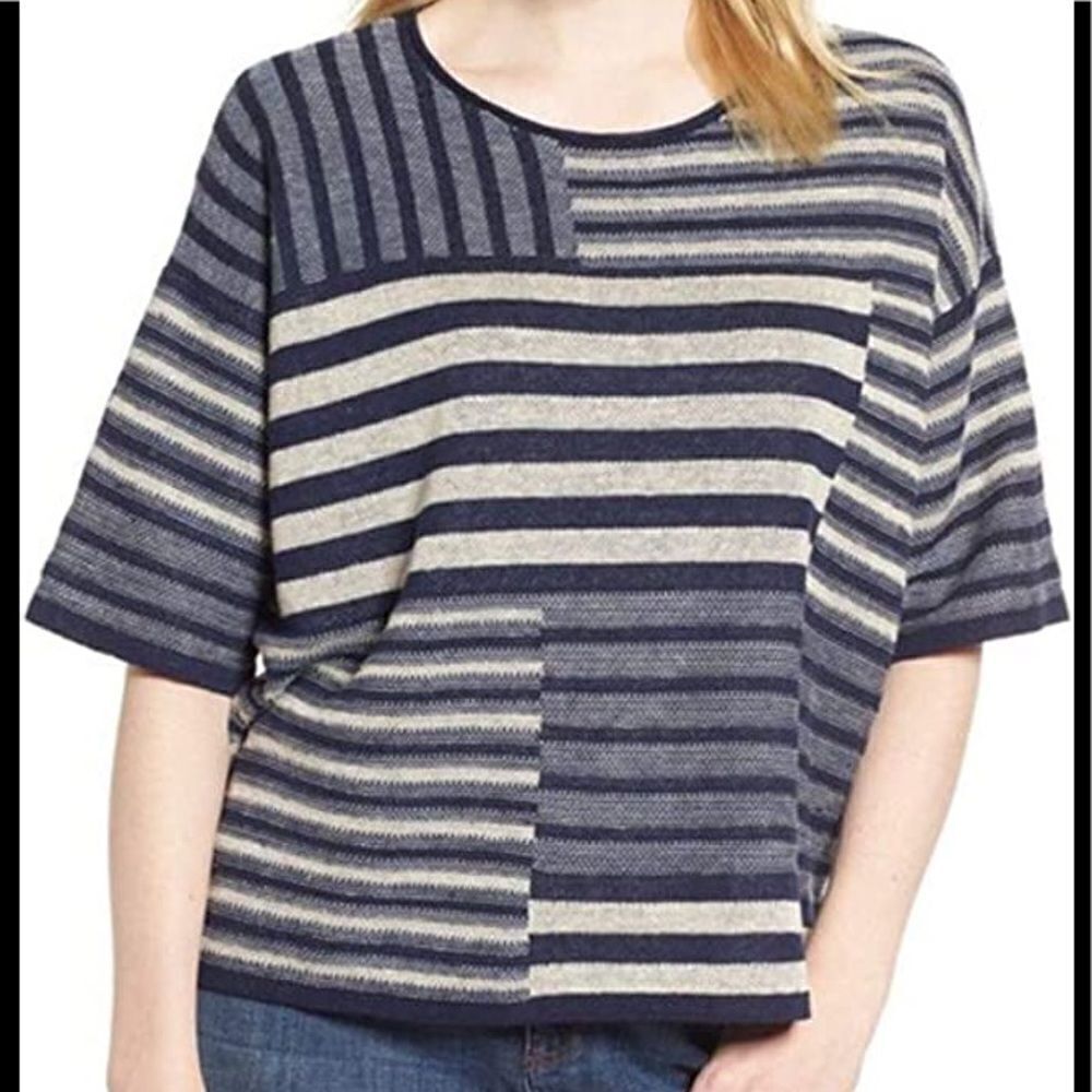 Eileen Fisher Blue Denim Organic Linen Round Neck Top